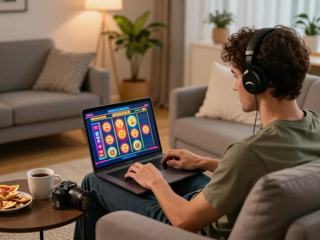 Player enjoying online casino gaming with slot deposit 2rb on their laptop in a cozy living room setting.