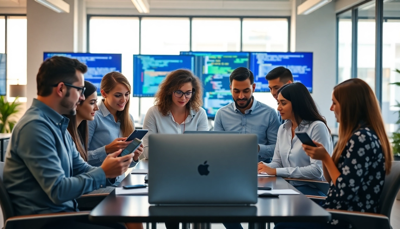Web development company team collaborating in a modern office with vibrant interactions.