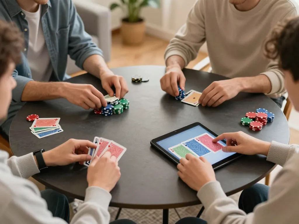 UG88 players enjoying an online poker game on a tablet, showcasing vibrant cards and excitement.