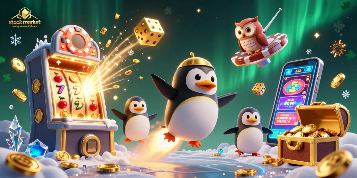 Engage in stock market training institute in kerala with playful golden penguin heading to a victorious casino.