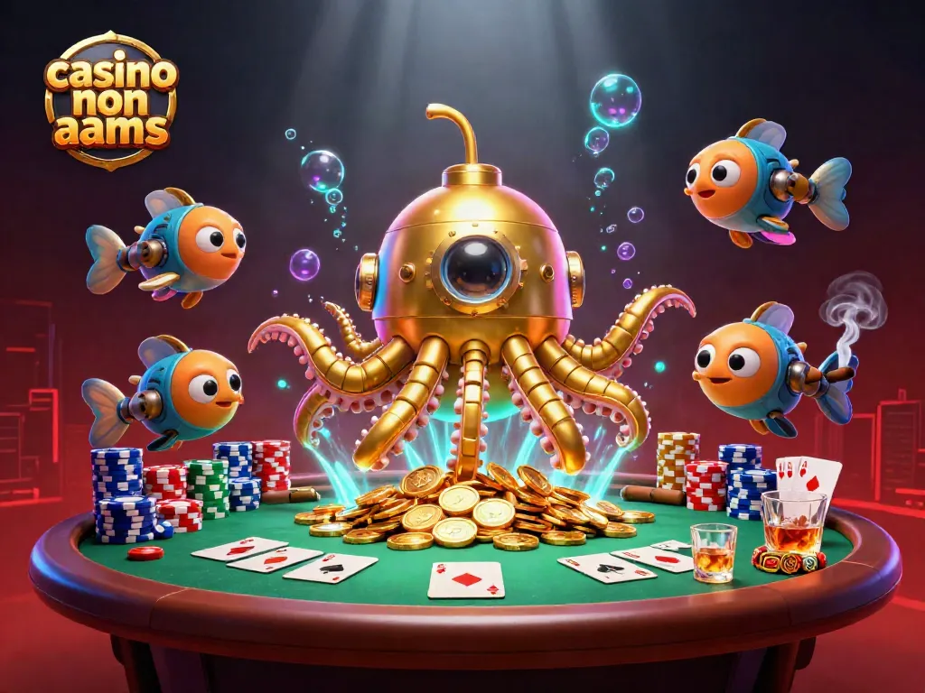Gioca nei casino non AAMS con il kraken dorato tra pile di fiches e tavoli da poker.