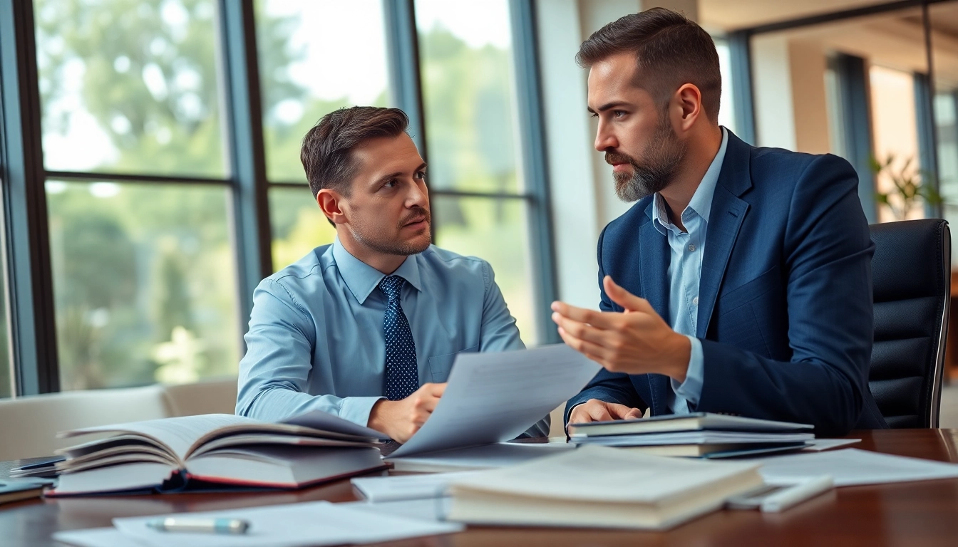 Engaged Fort Lauderdale workers compensation lawyer discussing a case with a client in an inviting office space.
