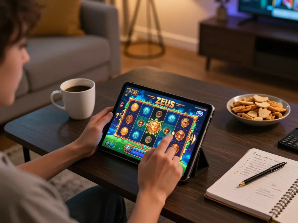 Pemain yang terlibat menikmati permainan slot zeus di tablet di ruang tamu yang nyaman.