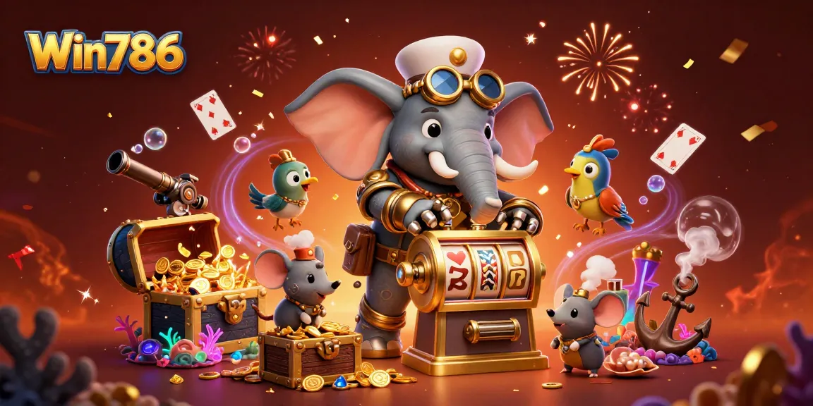 Win786's engaging steampunk elephant slots scene with vibrant casino elements and animations.