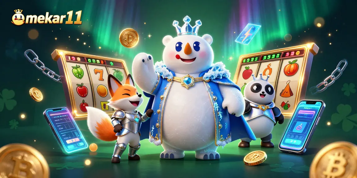 Engage with mekar11 as the ice king and fox champions spin slot machines in a vibrant fantasy casino scene.