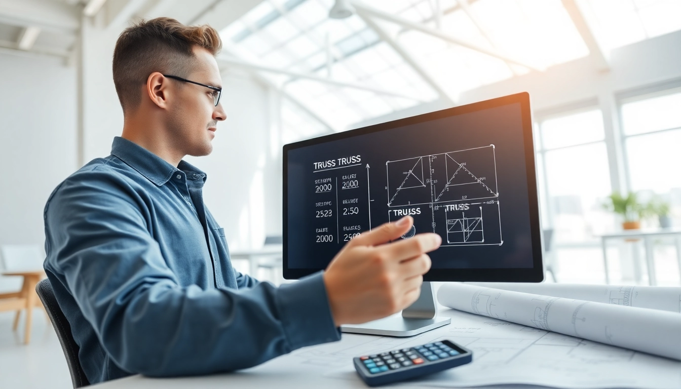 Using a truss calculator on a computer with architectural plans in a professional office.