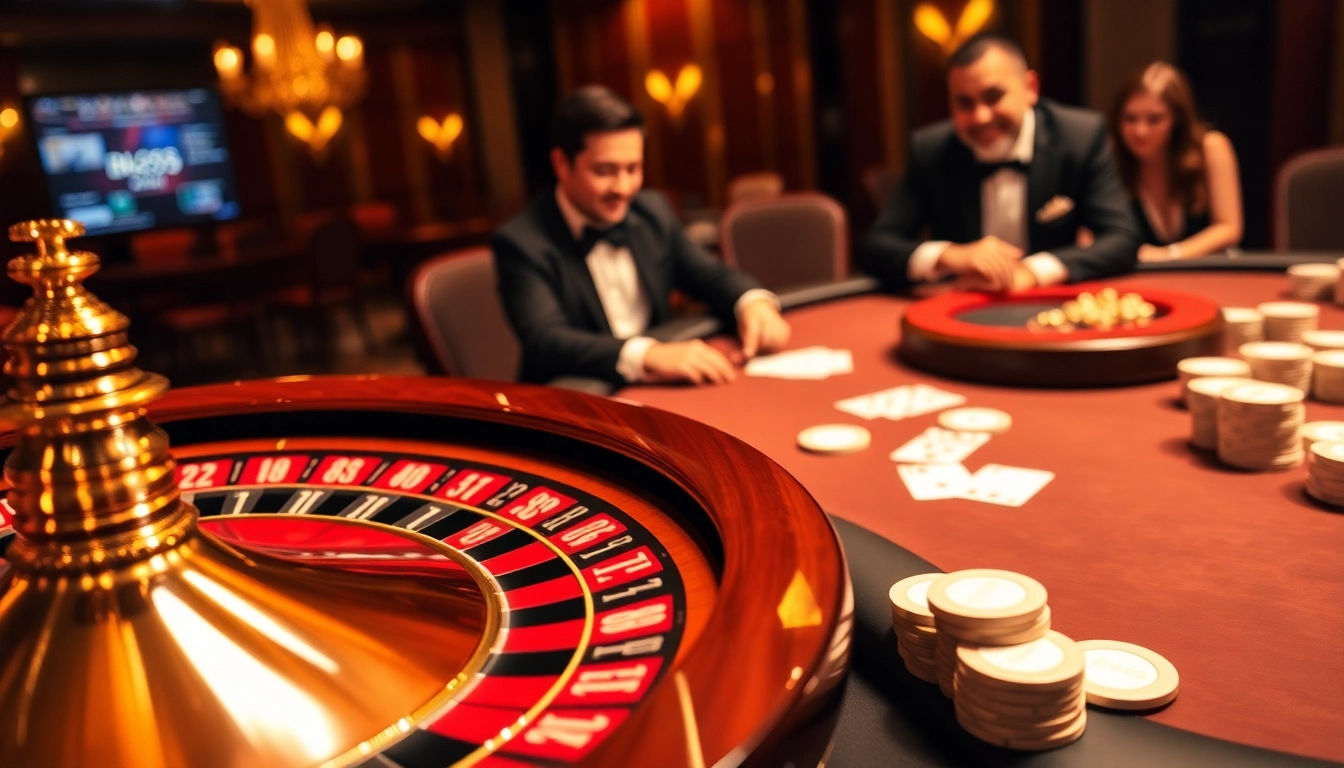 BL555 players enjoying a thrilling moment at a luxurious casino table with poker chips and cards