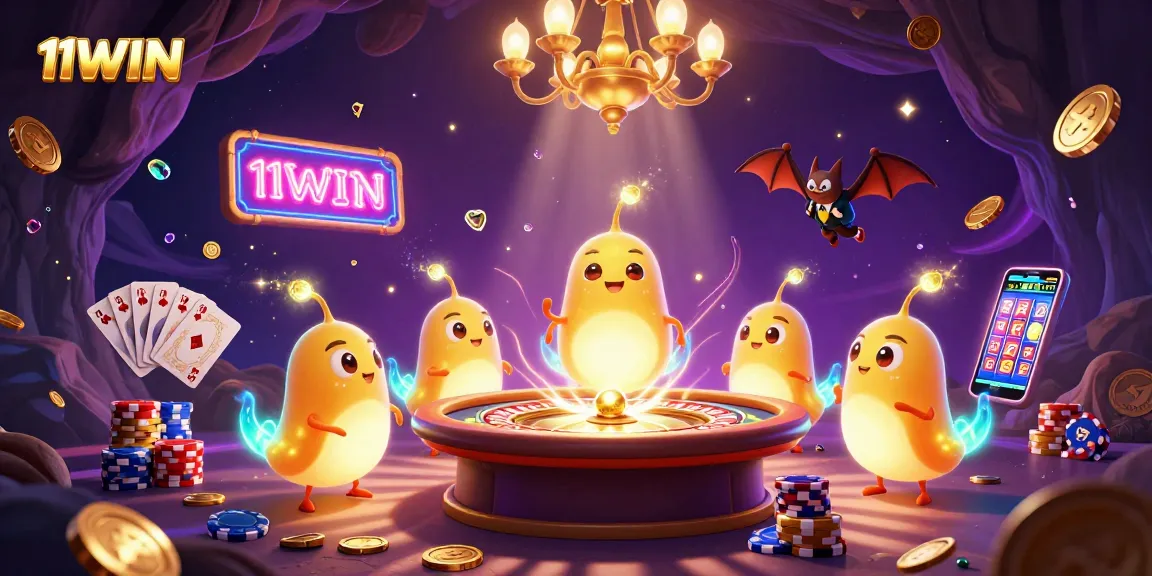 Engage in thrilling games at 11WIN casino with neon glowworms and vibrant casino elements