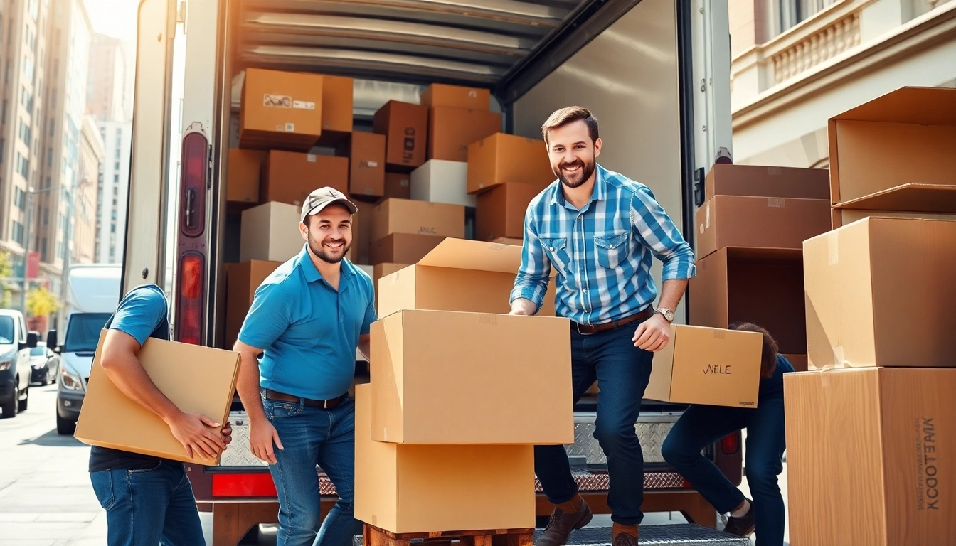 Efficient loading and unloading moving services by professional movers in an urban environment.