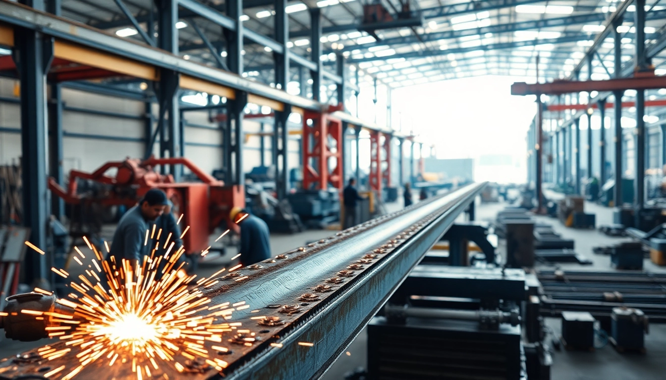 Engineers performing structural steel fabrication with precision in an industrial workshop.