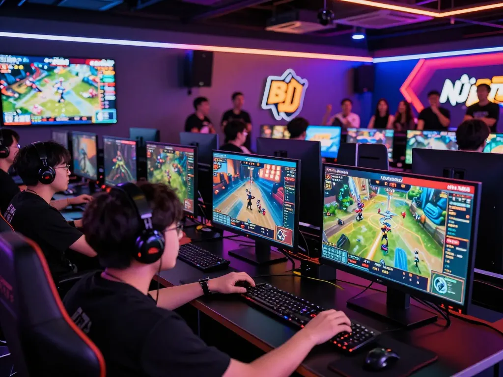 Gamers immersed in betting action on nổ hũ hubet88, surrounded by screens and excitement.
