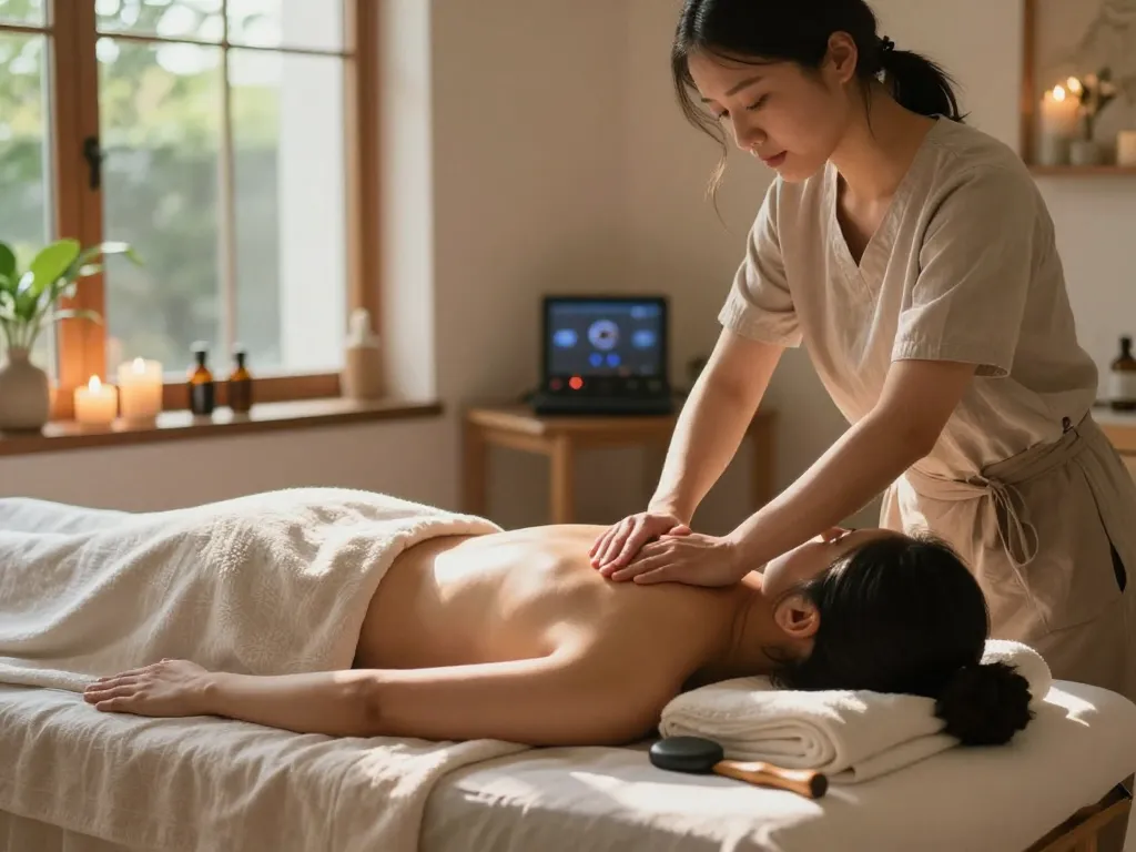 Serene atmosphere of 역삼동마사지 therapy with a practitioner soothing a client in a vibrant studio.