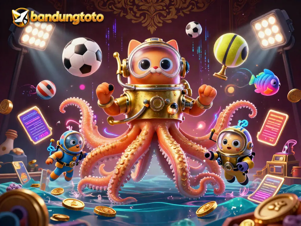 Experience the excitement of bandungtoto with golden kraken and diving cat in a vibrant casino scene.