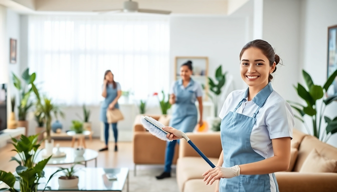 Staff members of a maid agency providing exceptional cleaning services in a bright home.