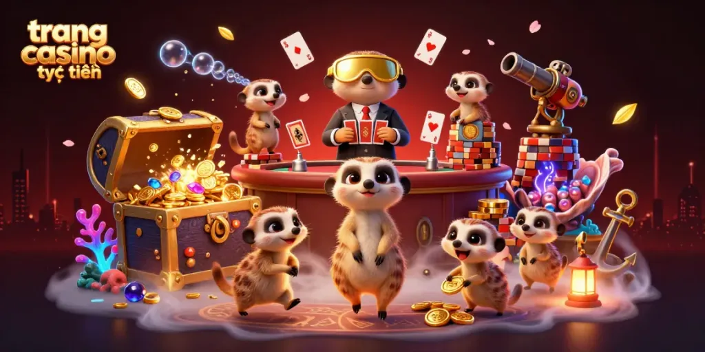 Hệ thống trang casino trực tuyến với những biểu tượng hấp dẫn và những chú meerkats hoạt động tại sòng bạc