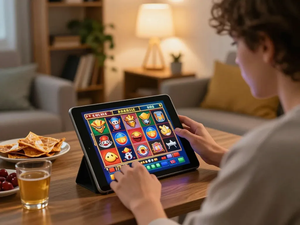 Playing slot games on a tablet at home, showcasing excitement and immersive online gaming experience.