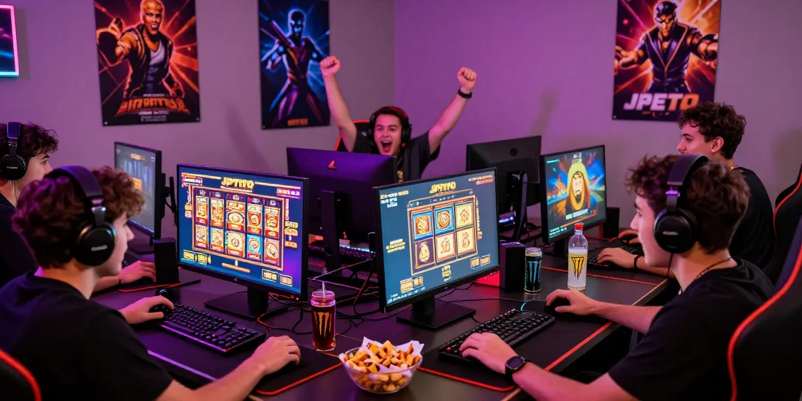 Players enjoying exciting slot games on JPTOTO, vibrant gaming atmosphere filled with energy.