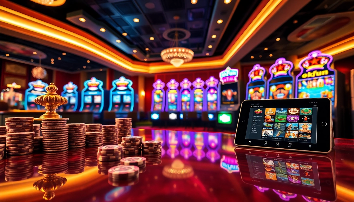 Experience the excitement of online gambling with okfun's vibrant casino visuals showcasing games and luxury.