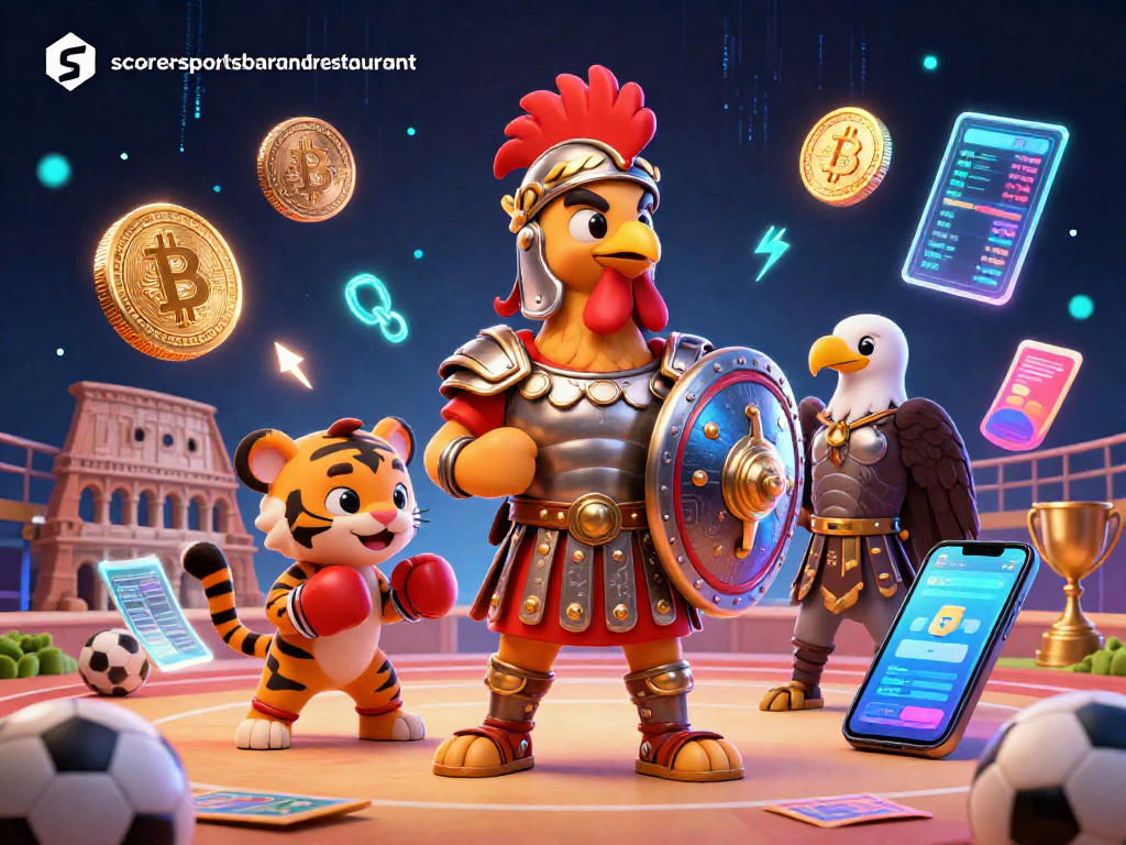 Bet on exciting games at scorerssportsbarandrestaurant with a dynamic illustration of sports elements and characters.