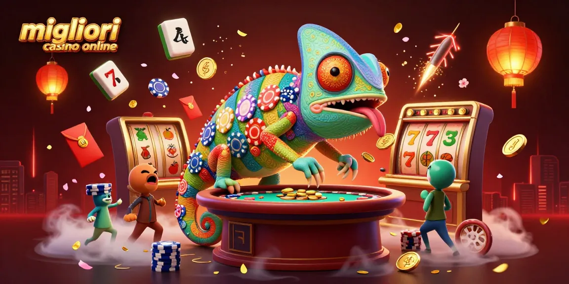 Scopri i migliori casino online con il camaleonte proprietario che attira le monete d'oro e i simboli della fortuna.
