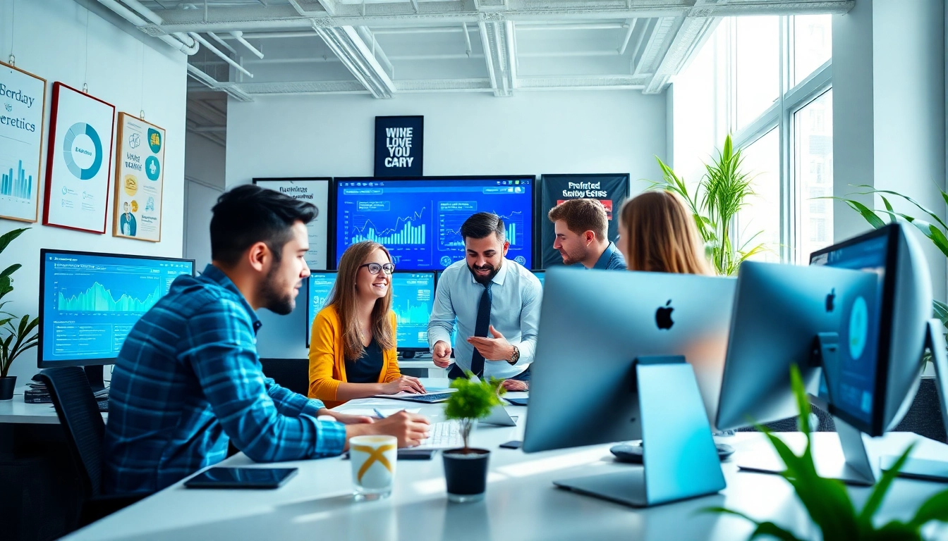 Marketing agency team brainstorming strategies in a vibrant office environment.