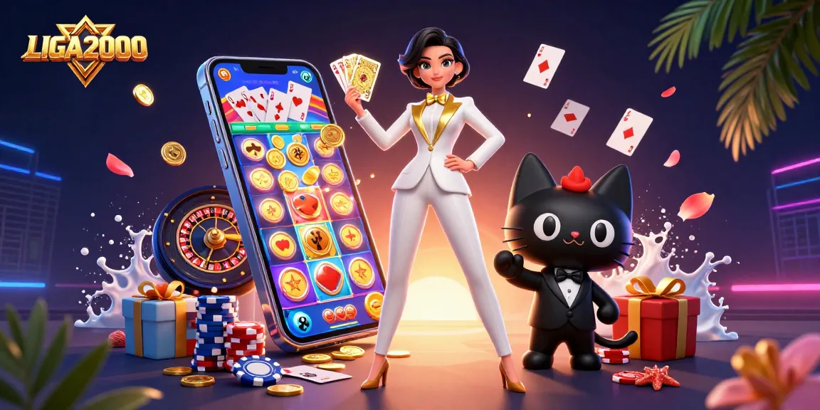 LIGA2000 menampilkan tangan menang dengan wanita glamor dan kucing tuxedo di tengah elemen perjudian yang penuh warna.