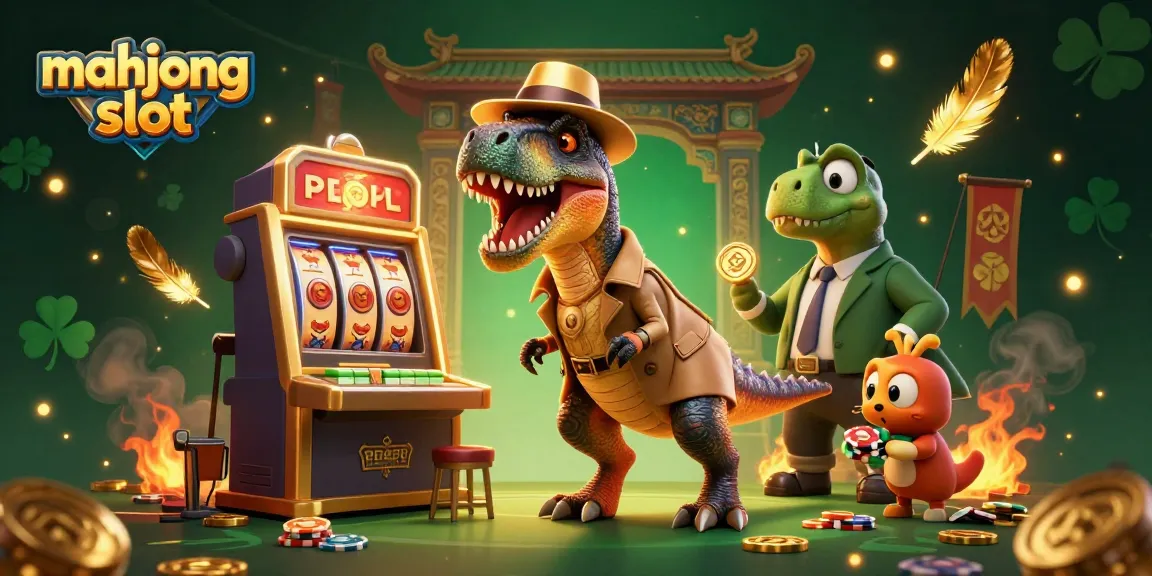 Engage in thrilling gameplay at the mahjong slot machine featuring a velociraptor card counter.