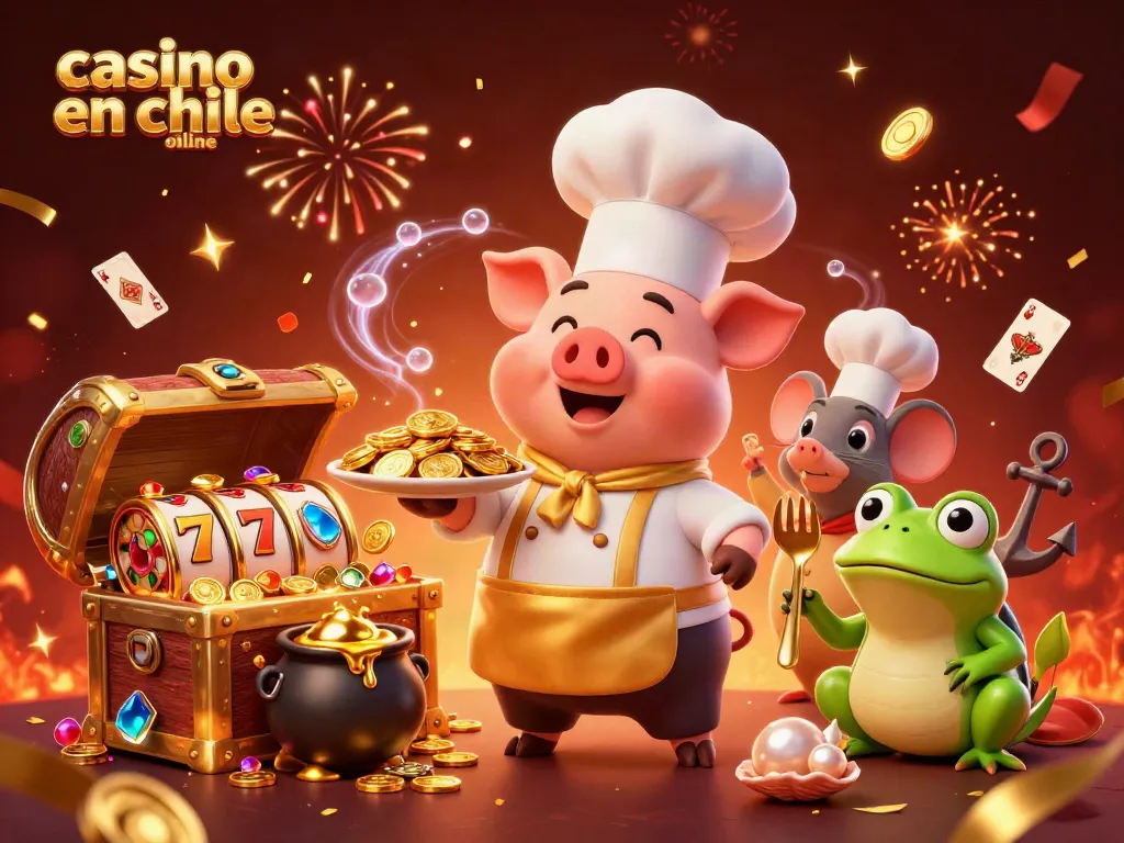 Disfruta del casino en Chile online en una ilustración 3D vibrante con elementos de juego dinámicos.
