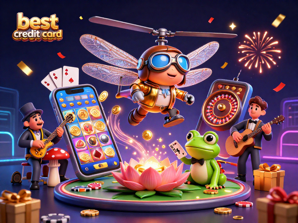 Play and win at the best credit card casinos featuring vibrant game scenes and characters.