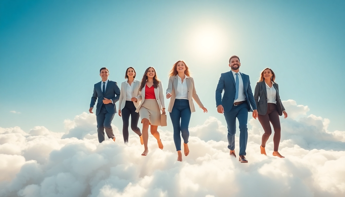 People joyfully walking on clouds, experiencing freedom and happiness while embracing the concept of Walking on Clouds.