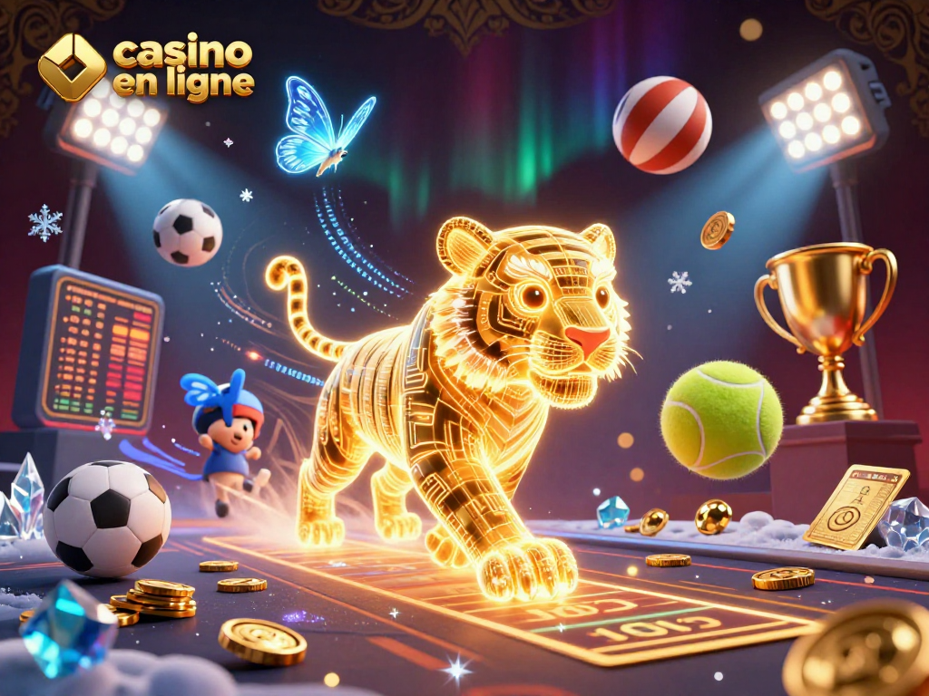 Gagnez en jouant au casino en ligne, avec un tigre doré lumineux et des ballons sportifs qui volent autour.