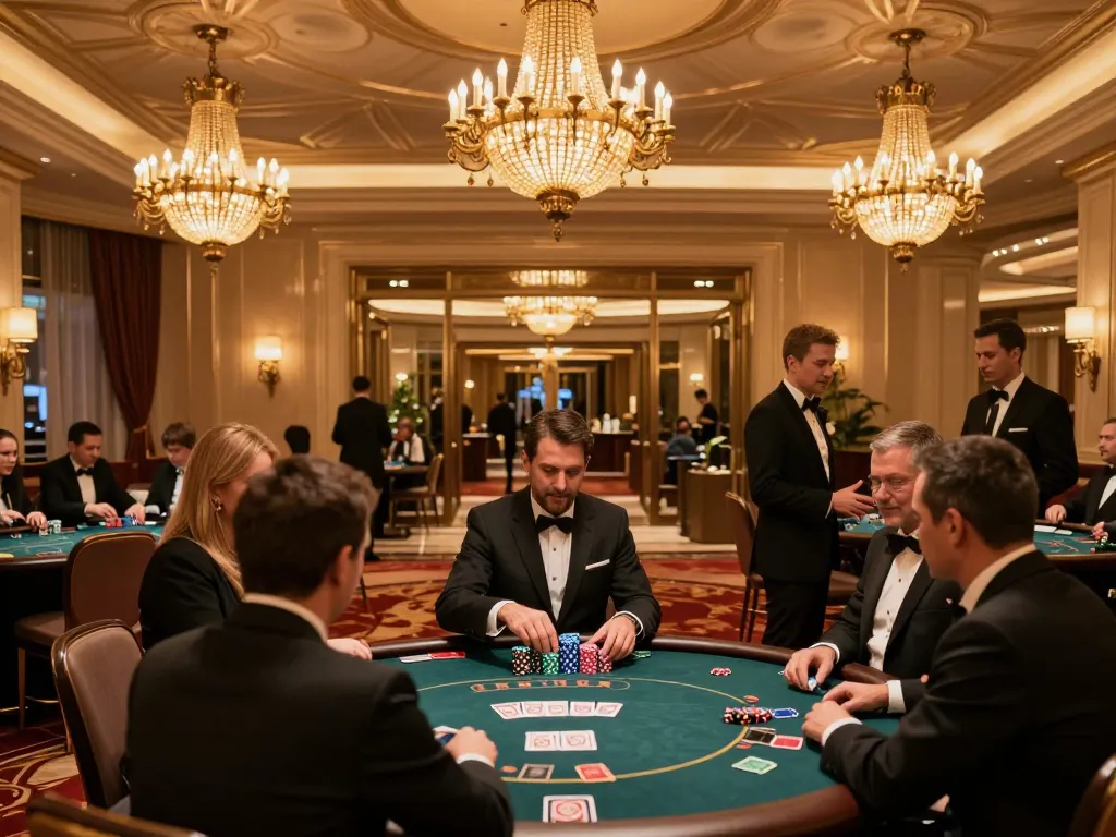 Experience high-stakes gaming at https://va88.moe/ with guests enjoying poker tables in a luxurious casino lobby