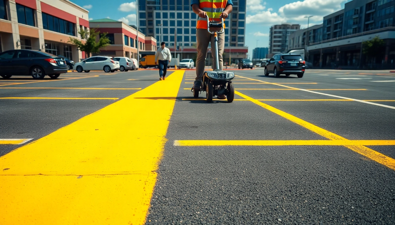 Parking lot striping contractor Jackson MS marking clear lines on asphalt.