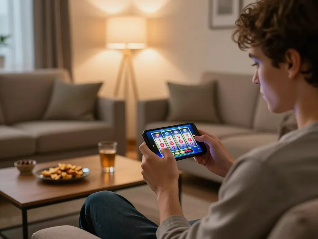 Engaging in a slot demo game on a smartphone in a cozy living room, highlighting the fun and responsible gaming experience.