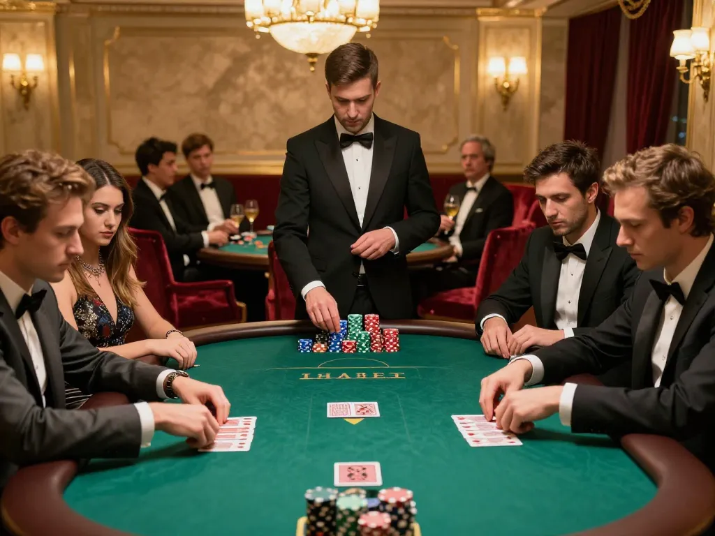 Exciting poker game at THABET with focused players and dealer at luxurious casino table.