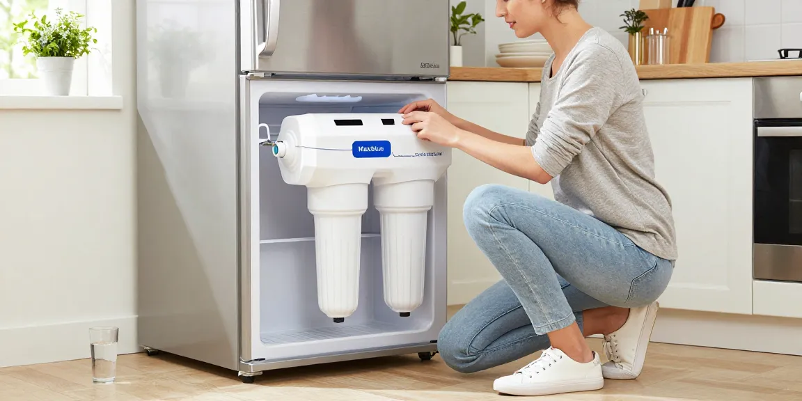 Installing Maxblue DA29-00020B Refrigerator Water Filter in a bright home kitchen, focusing on maintenance and freshness.
