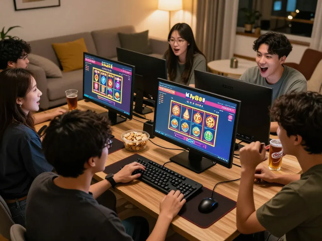 Friends celebrating while playing on fly88 com online casino, showcasing fun and strategy in a cozy home setting.