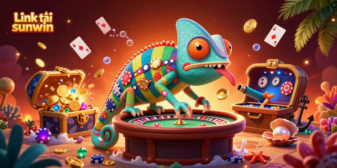 Spin to win with the official Link tải sunwin app, featuring vibrant casino-themed illustration showcasing a chameleon and gaming elements.