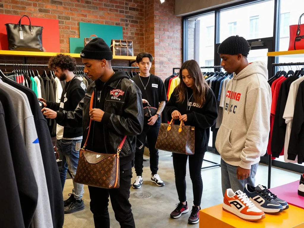 Stylish urban shopping for 레플리카 fashion items in vibrant boutique