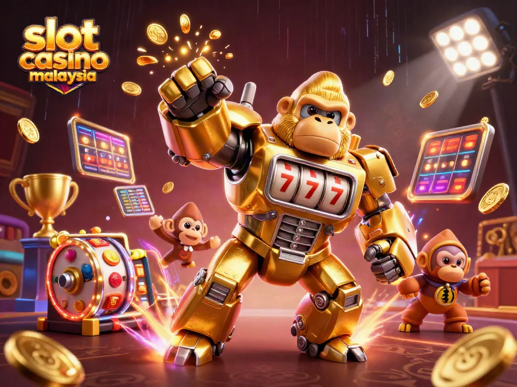 Win big at a slot casino online Malaysia with vibrant 3D illustration featuring a golden gorilla mech among dynamic game elements.