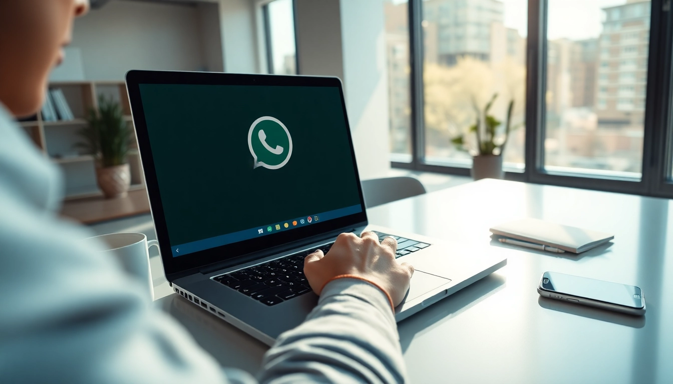 在工作中使用 WhatsApp网页版通过现代笔记本电脑进行沟通的用户。
