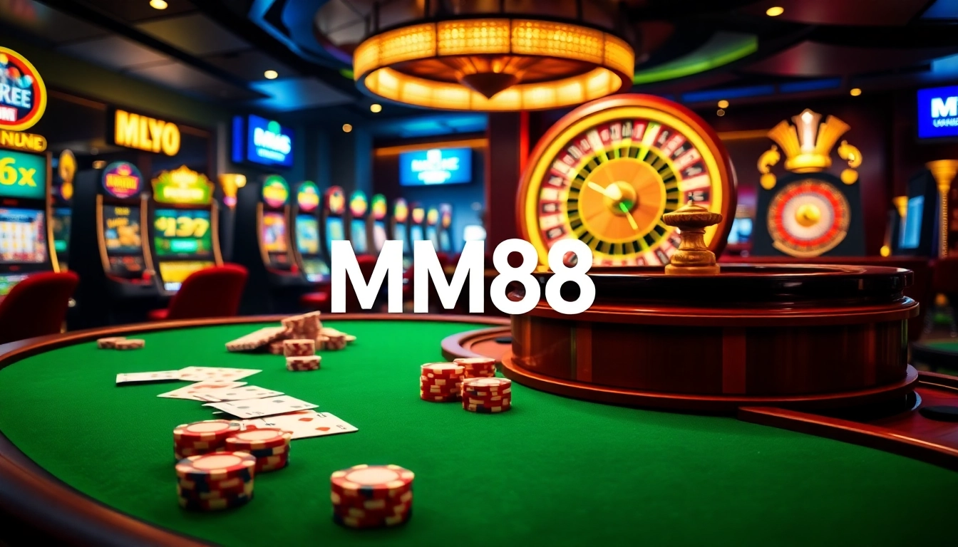 Experience thrilling action at MM88 casino with vibrant gaming tables and slot machines.