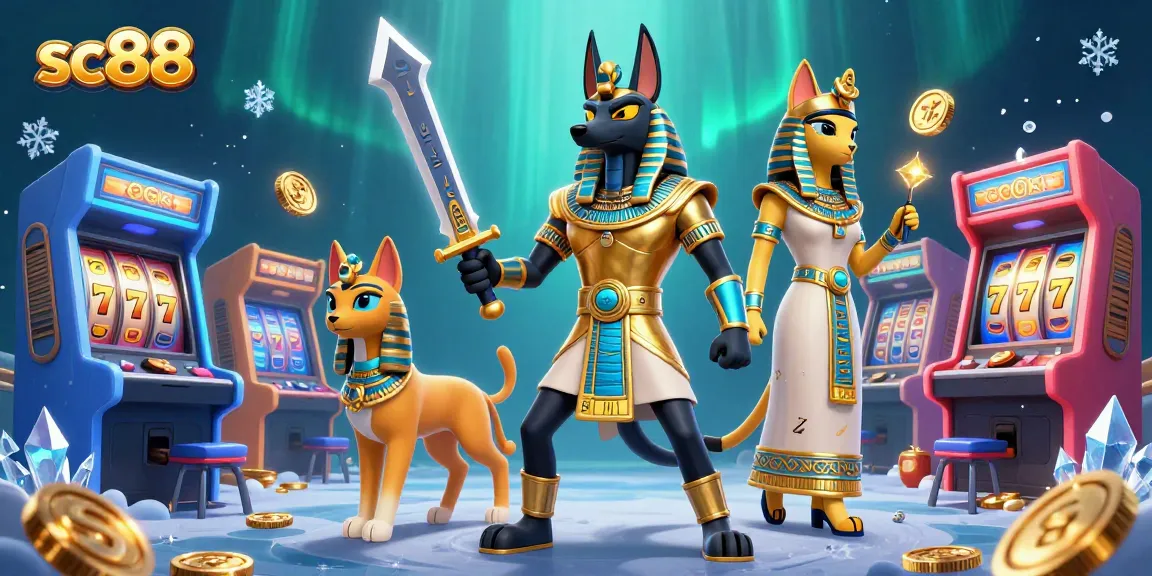 Play thrilling games at sc88, featuring Anubis and Bastet amidst vibrant casino visuals.