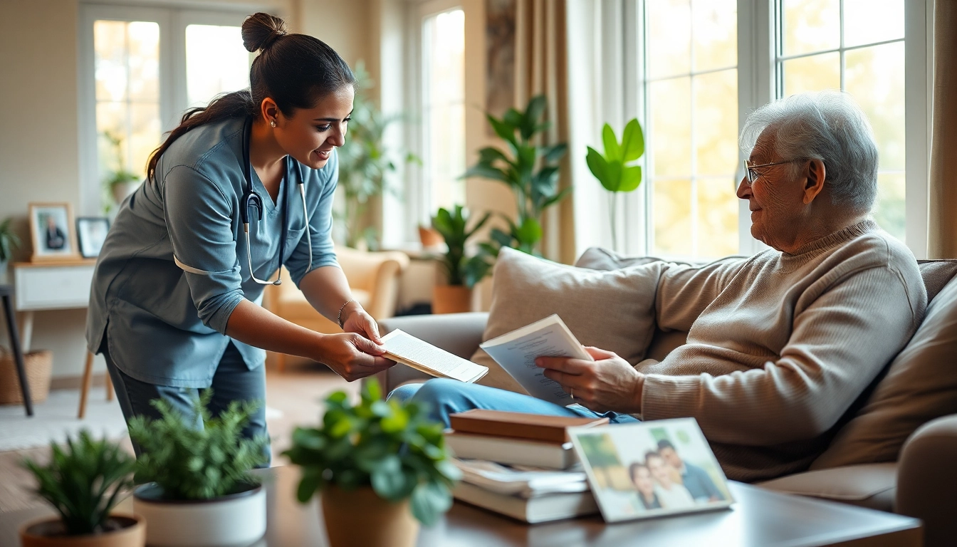 Caregiver providing senior home care austin in a bright, inviting living room.