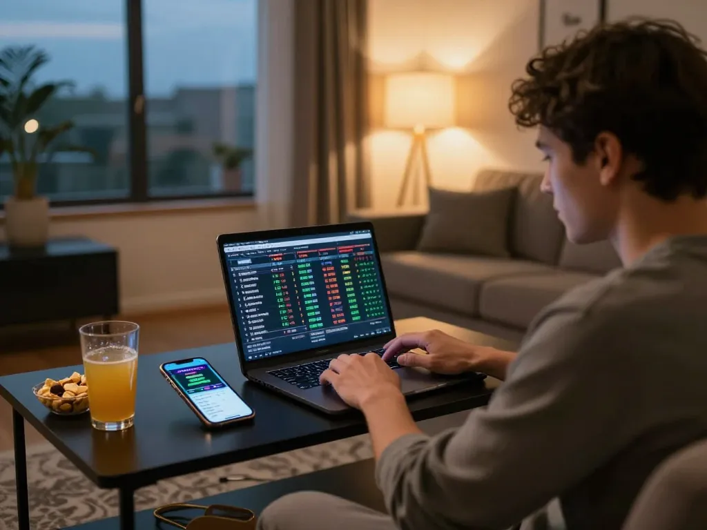 Kèo nhà cái analysis happening at home on a laptop with snacks nearby, showcasing online betting strategy.