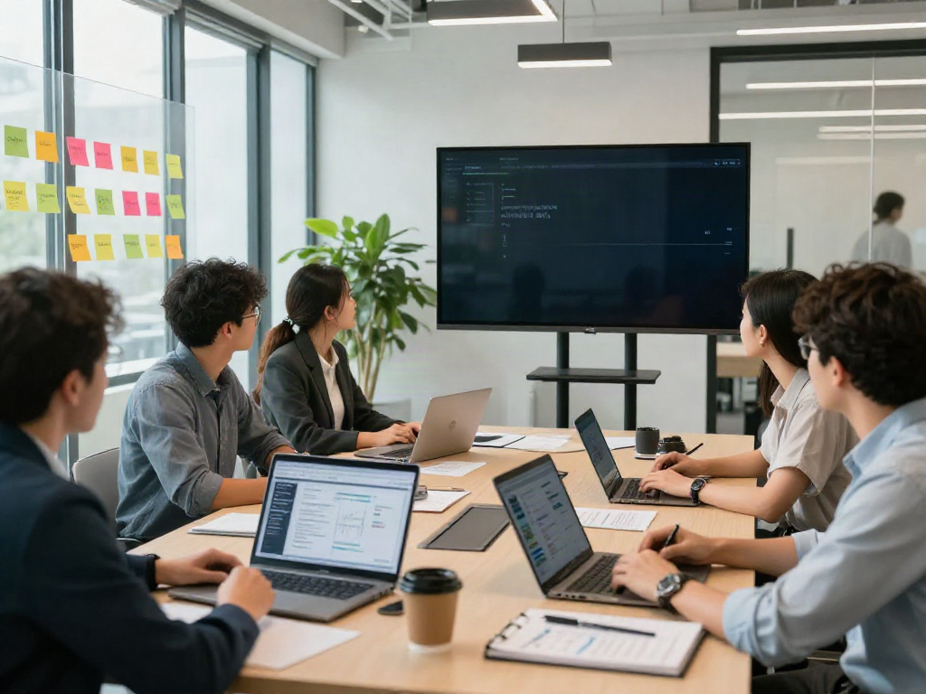 Business professionals collaborating on bpinetempresas strategies in a modern office.