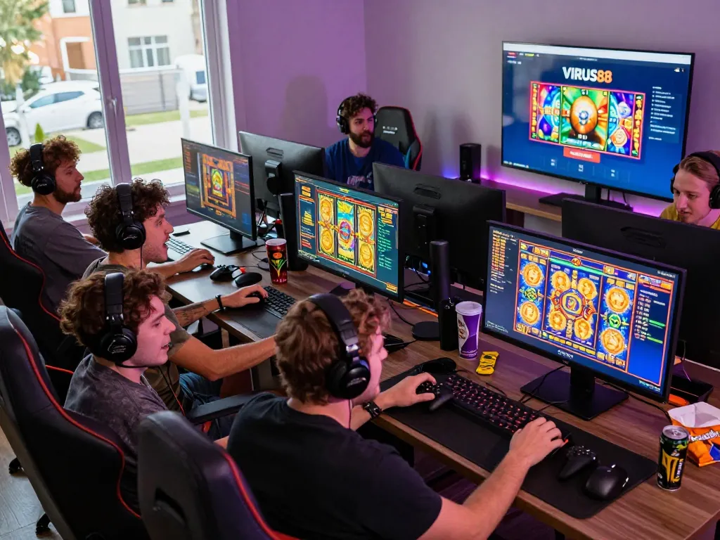 Pemain menikmati permainan slot VIRUS88 di ruang permainan yang cerah, menunjukkan kegembiraan dan visual yang dinamis.