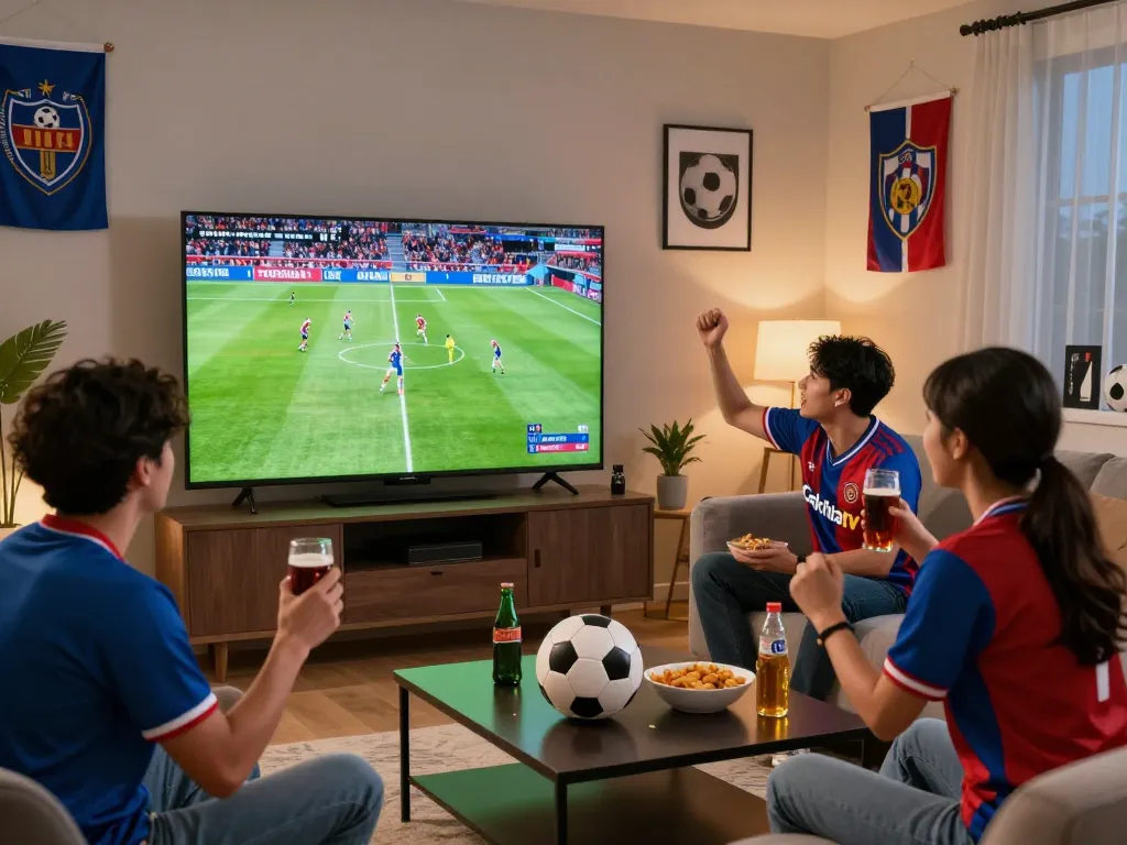 Excited fans watching a Cakhiatv live football match together in a cozy living room, showcasing the joyful atmosphere of sports viewing.