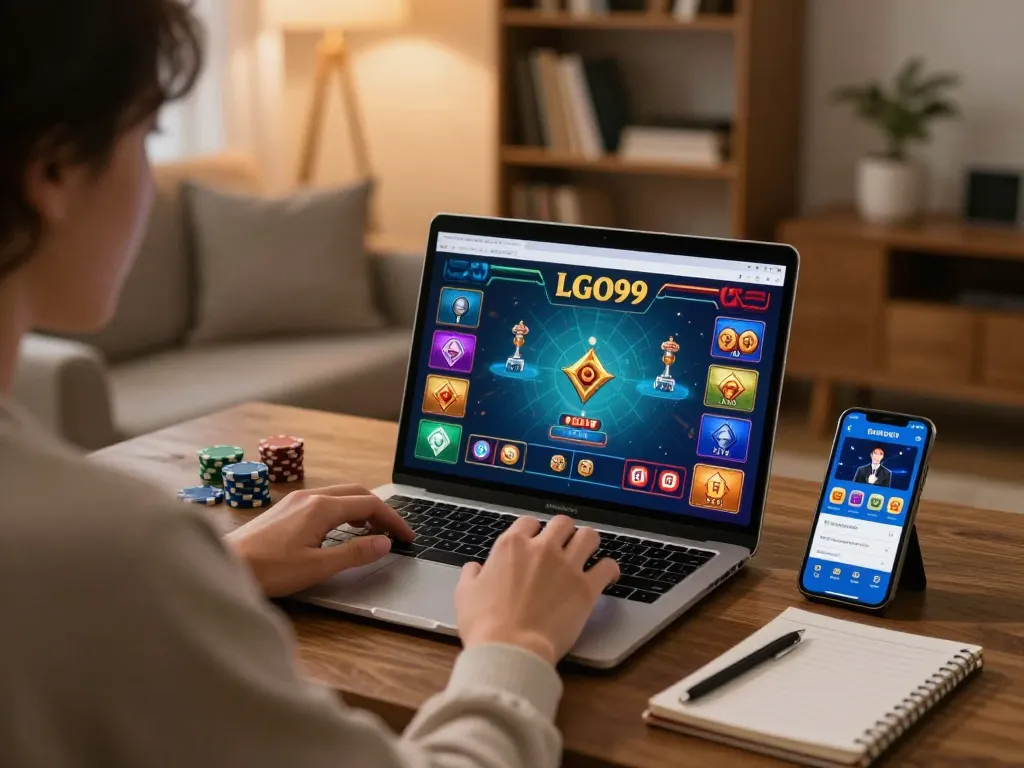 Pemain LGO99 merencanakan strategi selama sesi permainan online di laptop dalam suasana yang nyaman