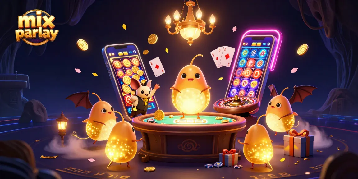 Engage with mix parlay strategies while enjoying a vibrant casino scene featuring glowworms and dynamic games.